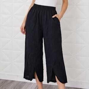 Beyond Capri Women's Black Split-Hem Pull-On Elastic Waist Linen Capri Pants M